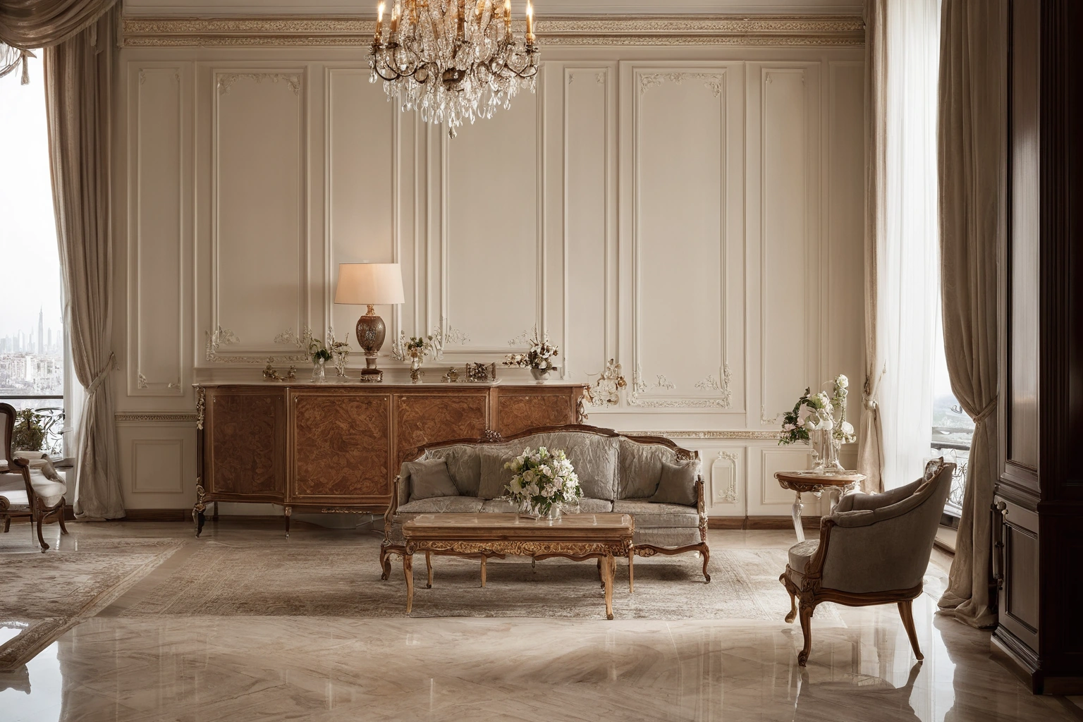Classic Italian inlaid cabinet and upholstered seating in a high-rise apartment interior with floor-to-ceiling windows