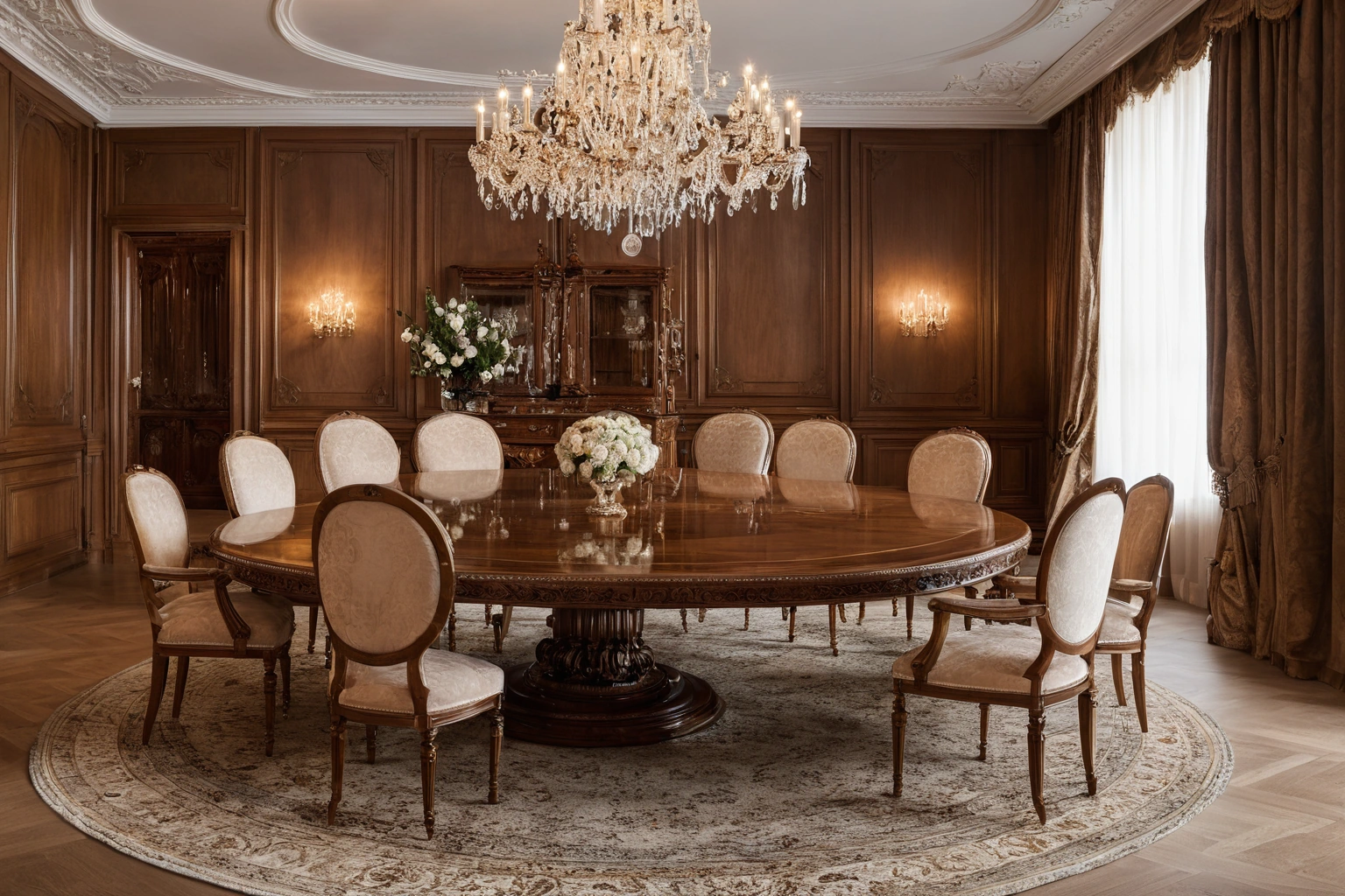 Round dining table in polished wood with a rotating centre section and carved pedestal base