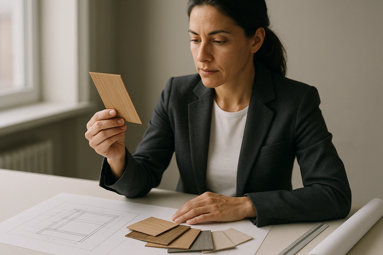 An interior designer examining timber and veneer samples against a drawing at a studio table