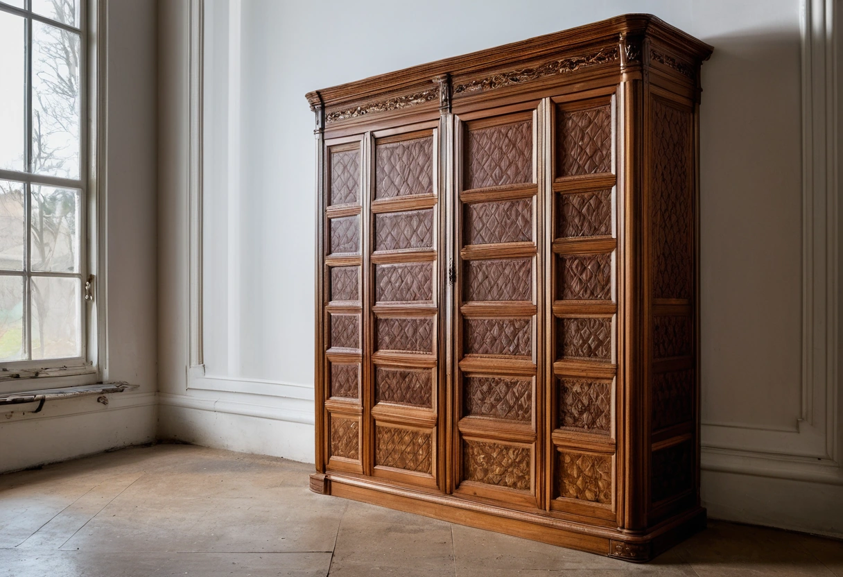A classic Italian cabinet wrapped in protective padding beside an open wooden shipping crate in a workshop