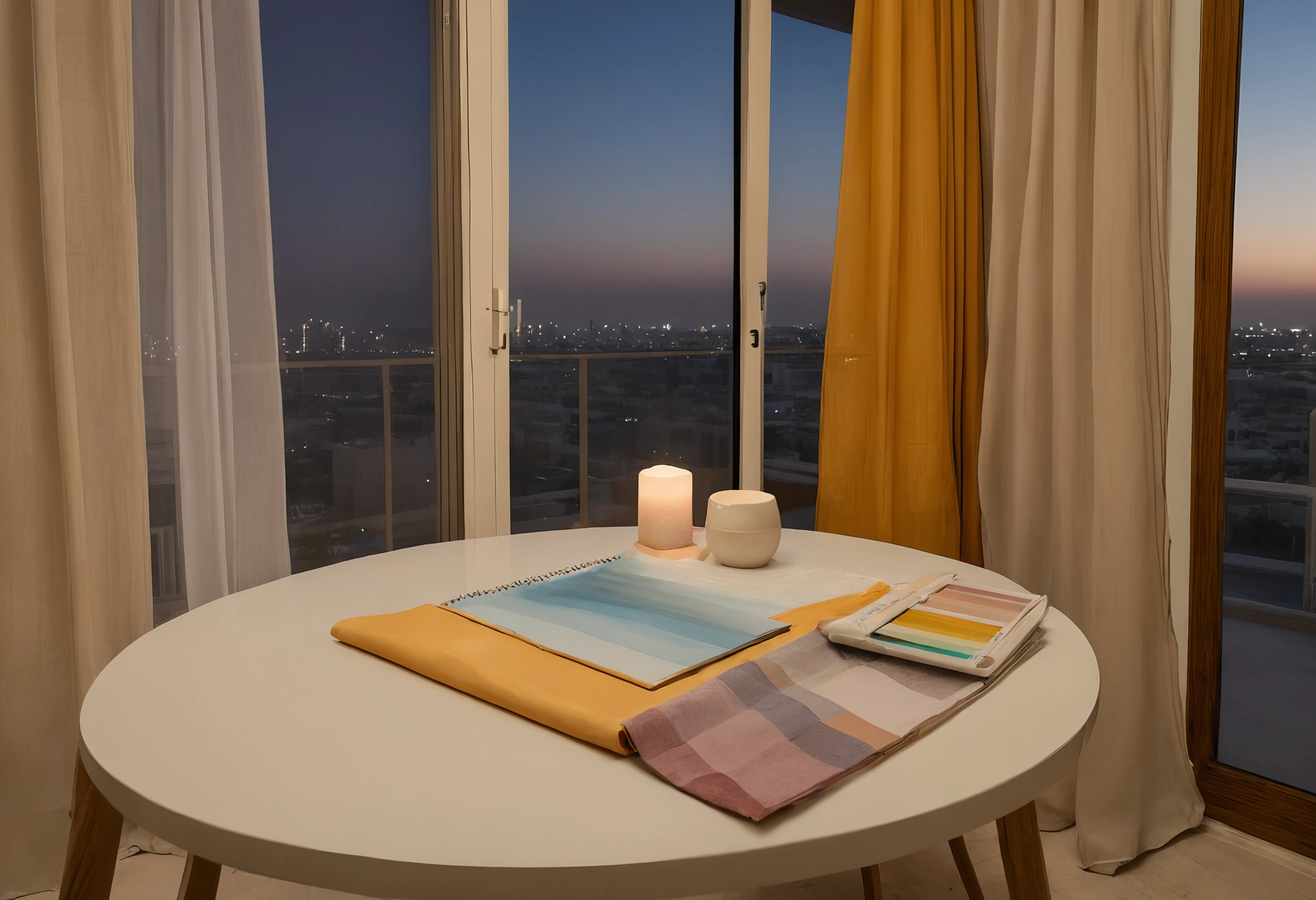 Round dining table in a Dubai apartment with fabric samples and a colour booklet, dusk over the city beyond the balcony