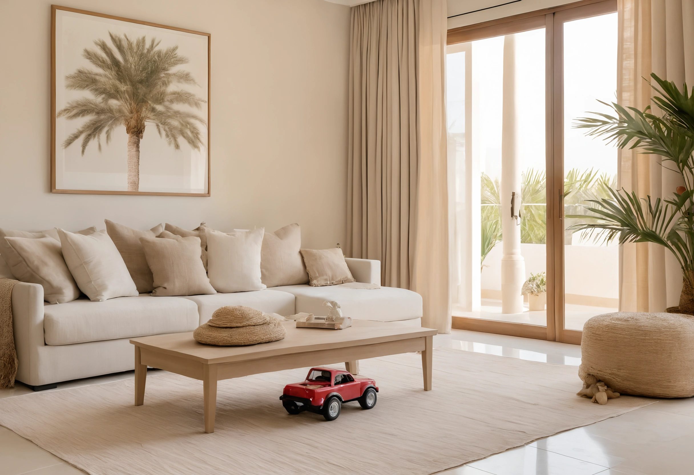 Family living room in a Dubai villa with warm white walls, a low linen sofa, a toy car on the rug and sliding doors to a garden with palms