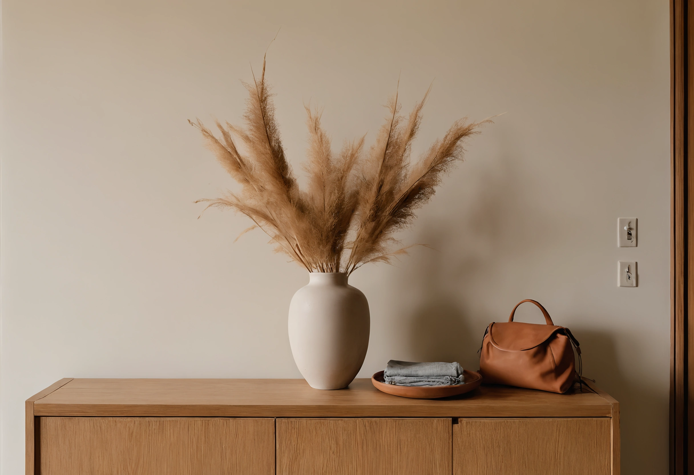Pale ceramic vase with dried grasses on an oak sideboard, a leather bag and folded linen beside it