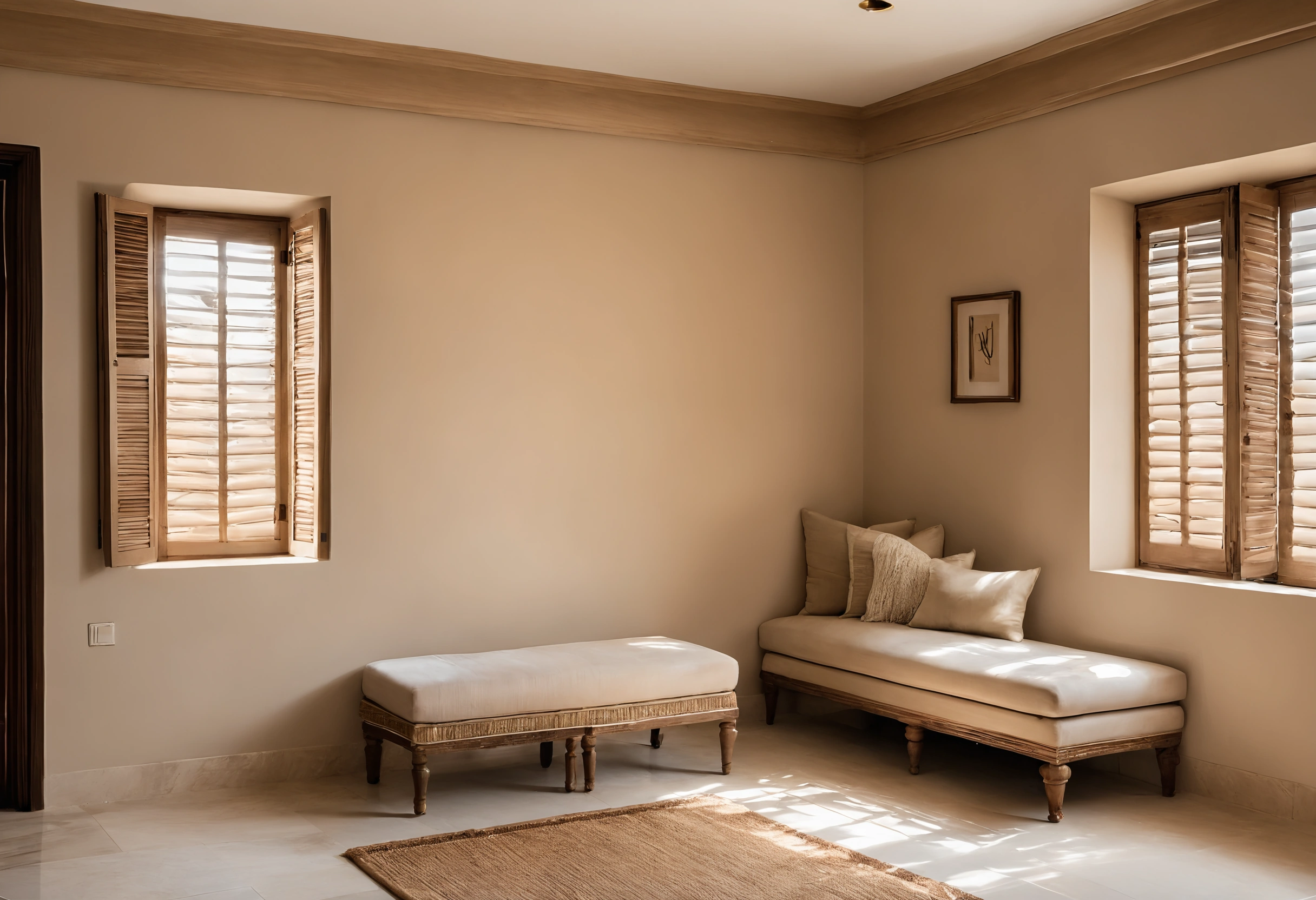 Corner of a villa majlis with low cushioned benches, a woven rug and timber shutters at deep window reveals