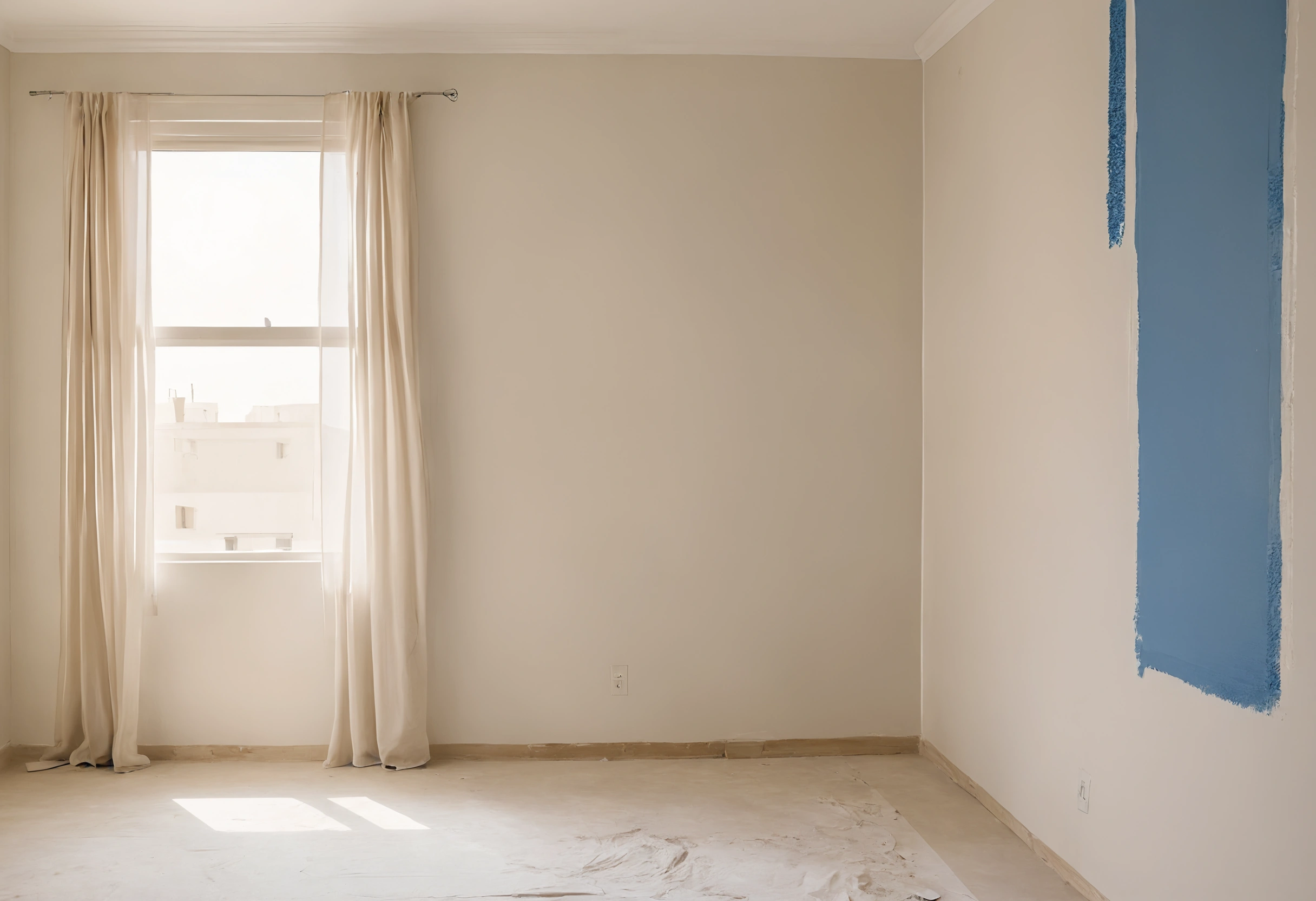 Test patch of blue paint on a cream wall in an empty apartment room with sheer curtains and protected floor
